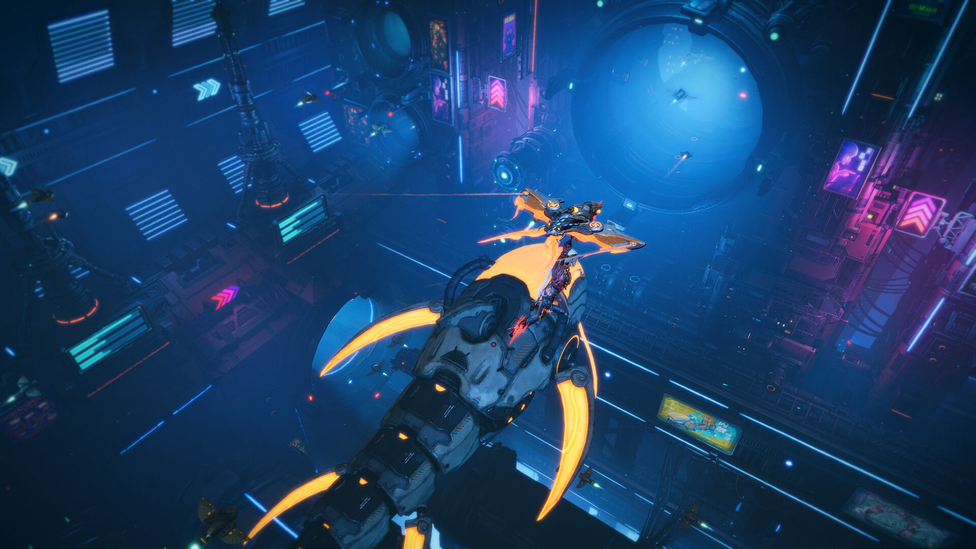 ReBlade screenshot of a mechanical creature with golden blades in a blue-lit arena.