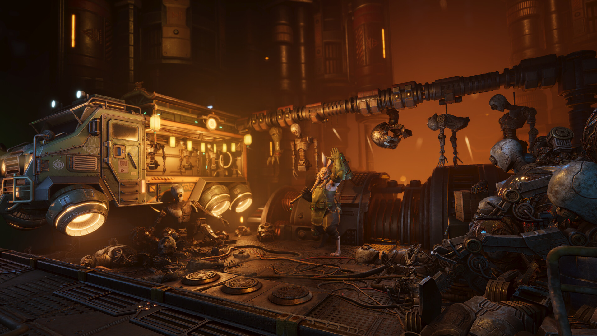 ReBlade screenshot of a workshop with a vehicle and robotic figures in orange light.