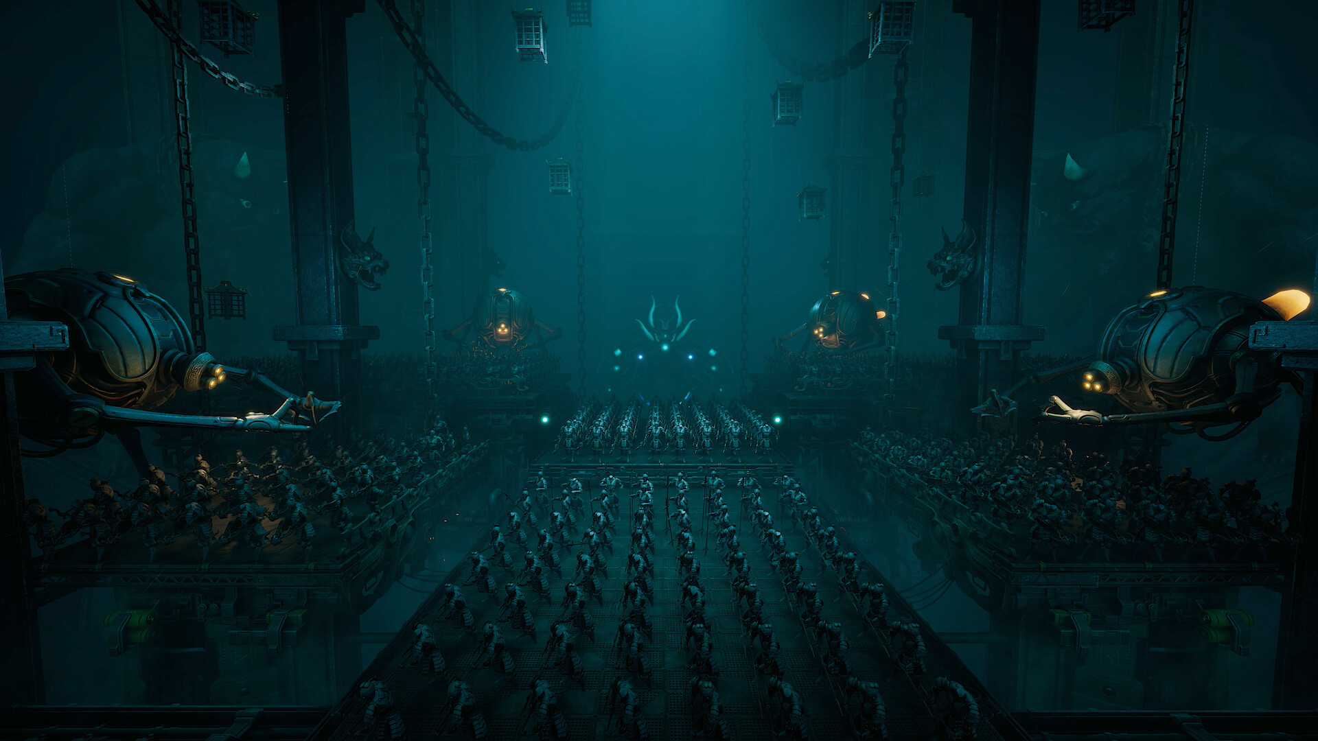 ReBlade screenshot of a dim teal hall lined with rows of dormant machines.